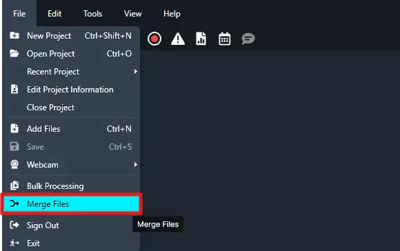 Merge-Files | CaseGuard Menu from a dark application with 'Merge Files' highlighted in cyan under the File menu.