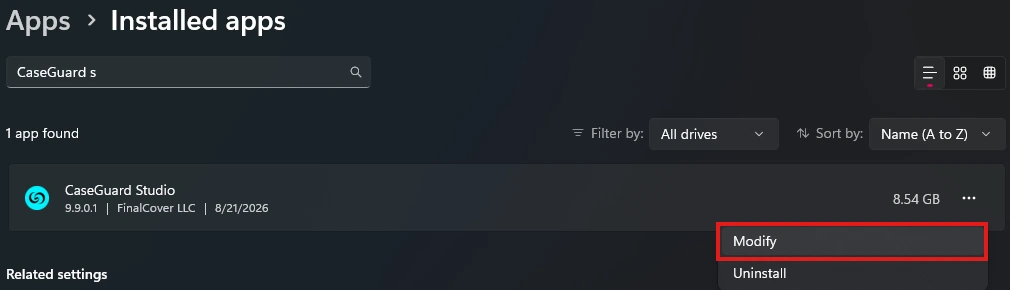Installed apps screen showing CaseGuard Studio with a context menu offering Modify or Uninstall