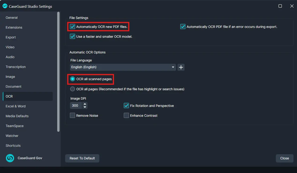 OCR-Settings | CaseGuard OCR Settings page with options for automatically OCRing all pages or all scanned pages options