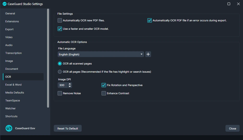 OCR-Settings | CaseGuard CaseGuard Studio Settings: OCR tab with file and automatic OCR options, language set to English, 300 DPI, and toggles for rotation correction, noise removal, and contrast enhancement.
