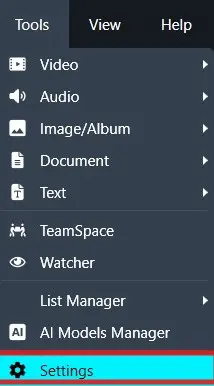 Settings | CaseGuard Tools panel with the option for Settings highlighted and red outlined.