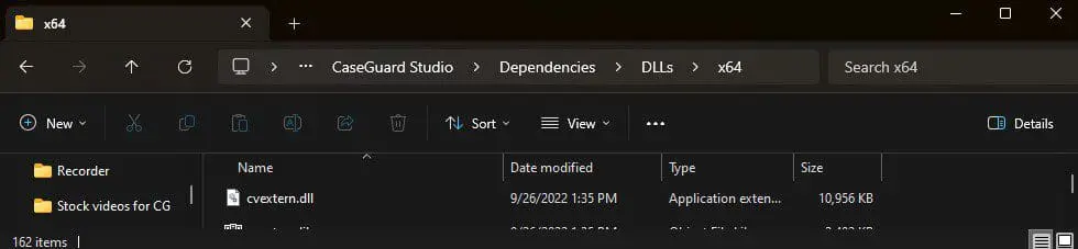 Dark-mode Windows Explorer open to CaseGuard Studio > Dependencies > DLLs > x64, showing a list with files like cvxtern.dll.