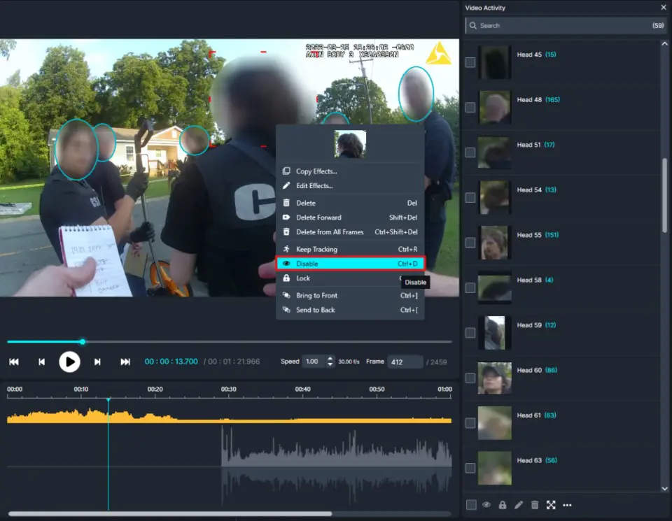 Video editing interface showing face-tracking: blurred individuals with blue circles, timeline and audio waveform below, right panel with head thumbnails.