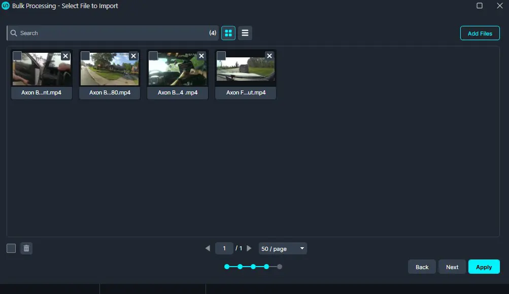files-to-import | CaseGuard Screenshot of Bulk Processing app: four video thumbnails labeled Axon B... , a search bar at the top, an Add Files button on the right, and pagination controls at the bottom.