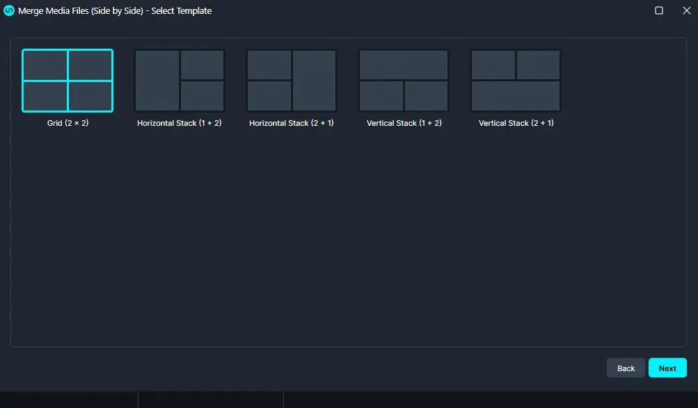 Template selection for merging media: layouts include 2x2 grid highlighted, horizontal and vertical stacks (1+2 and 2+1).