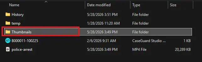 Windows Explorer: 'Thumbnails' folder selected among History and temp folders, with files listed below (B00011-100225 and police-arrest).