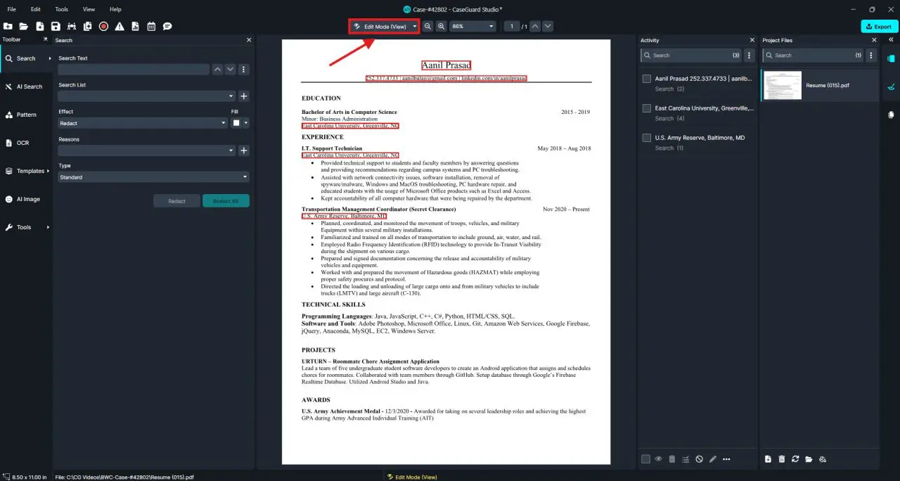 Screenshot of a resume opened in a PDF editor with Edit Mode highlighted in the toolbar.
