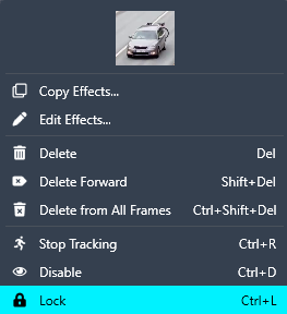 Context menu for an image with actions like Copy Effects, Edit Effects, Delete, Lock; small car thumbnail above the menu.