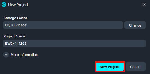 New Project dialog showing Storage Folder and Project Name fields with New Project and Cancel buttons.