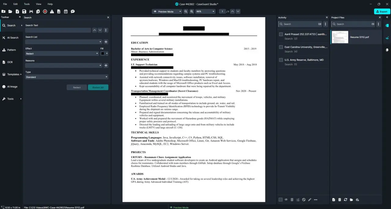 Screenshot of a resume document with sections like Education and Experience open in a PDF viewer within a dark editing interface on screen.