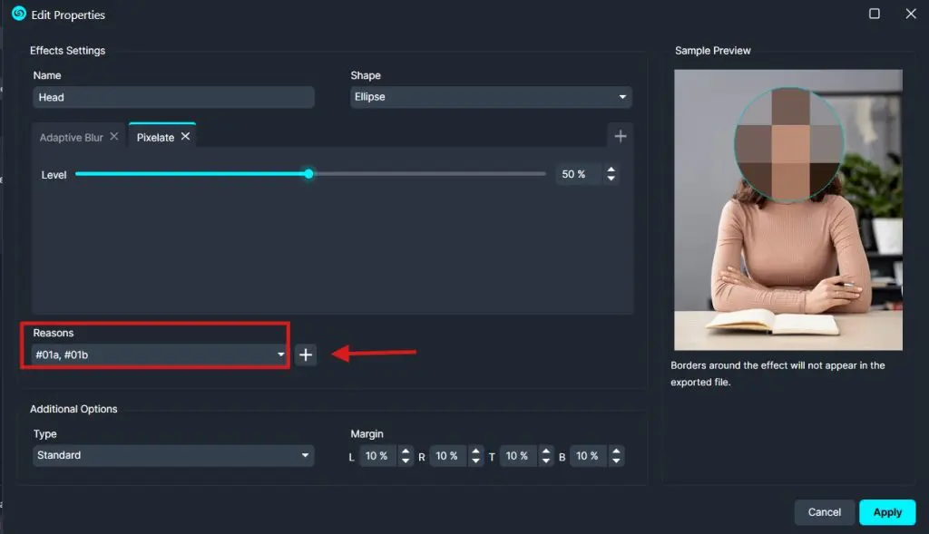 Edit Properties panel for a Pixelate effect on 'Head' (ellipse shape, level 50%), with a Reasons dropdown and add button; sample preview shows a pixelated circular area over the head.