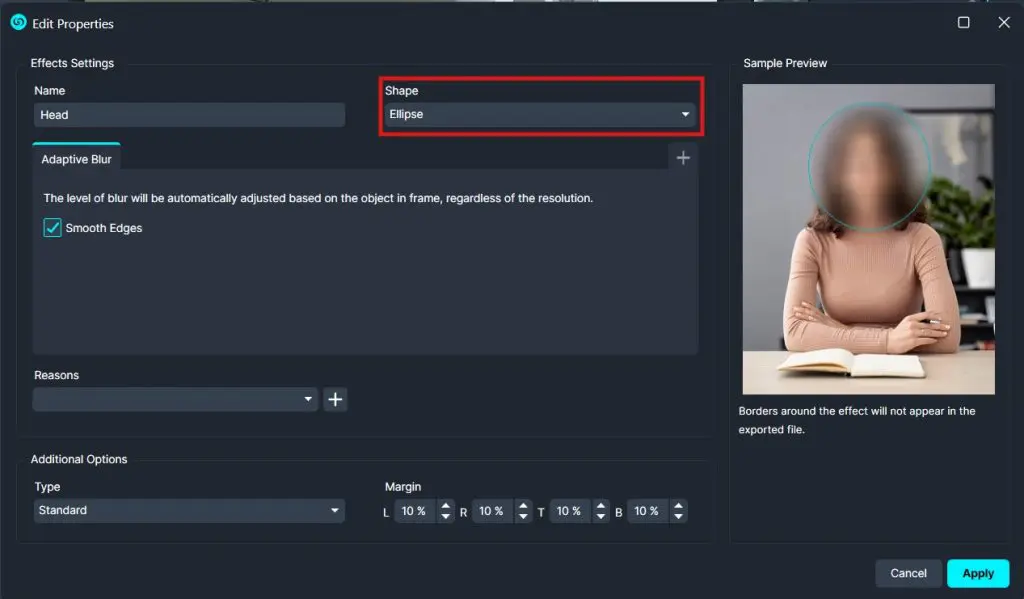 UI panel showing 'Shape: Ellipse' in Effects Settings with a circular head selection around the person in the sample preview.