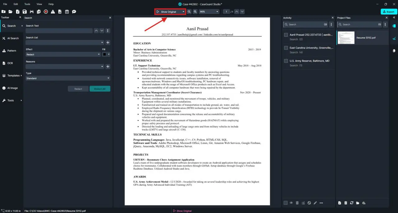Screenshot of a PDF resume open in a document viewer, with the 'Show Original' button highlighted in the toolbar at the top.