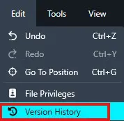 Screenshot of a software menu with tabs Edit, Tools, View; the Version History option is highlighted/selected.