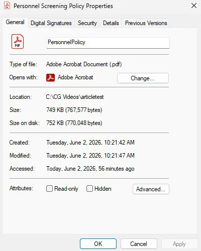 PDF file properties dialog for 'PersonnelPolicy' showing type, location, size, and dates (created, modified, accessed) with the General tab visible.