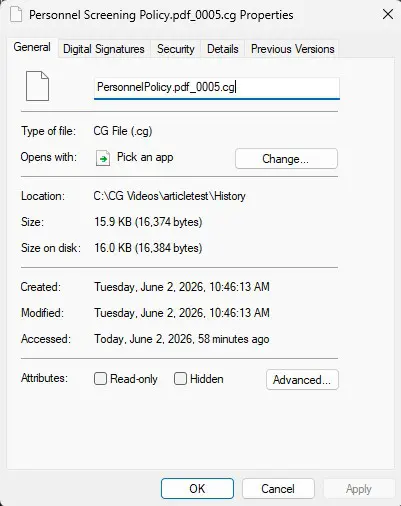 File properties for PersonnelPolicy.pdf_0005.cg (CG File): located in C:CG VideosarticletestHistory; size 15.9 KB; created/modified June 2, 2026; no attributes selected.