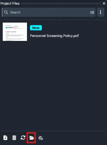 Project Files panel showing a single PDF named 'Personnel Screening Policy.pdf' with a New badge; bottom toolbar includes file actions and a highlighted folder icon.