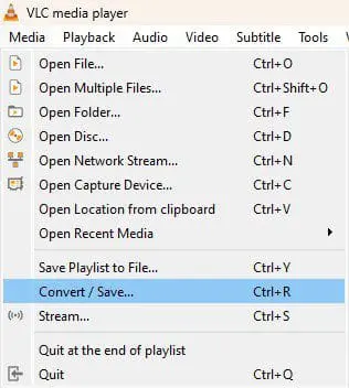 VLC media player menu with 'Convert/Save…' selected; options include Open File, Open Disc, Open Network Stream, Save Playlist to File, Stream.