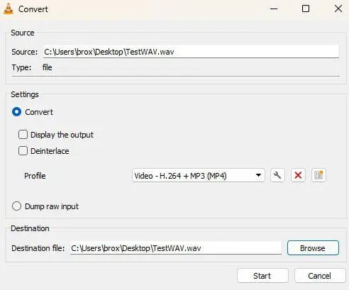 Screenshot of a file conversion dialog: source path C:UsersbroxDesktopTestWAV.wav, convert option selected with profile Video - H.264 + MP3, and destination path same as source with Browse and Start buttons.