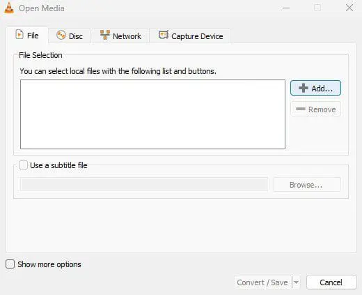 Open Media dialog with an empty file list, Add/Remove buttons, subtitle file option with Browse, and Convert/Save at the bottom.