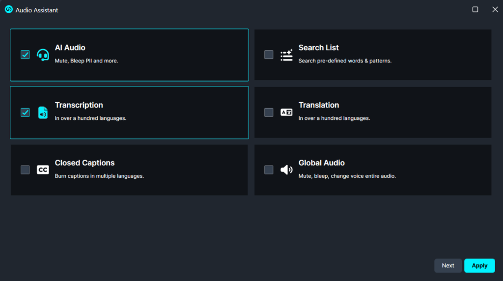 Audio Assistant setup window showing selectable features: AI Audio and Transcript highlighted, plus Translation, Closed Captions, Global Audio, and Search List options.