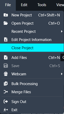 Screenshot of a dark app menu listing project options; Close Project is highlighted in cyan, followed by Add Files, Save, Webcam, Bulk Processing, Merge Files, Sign Out, Exit.