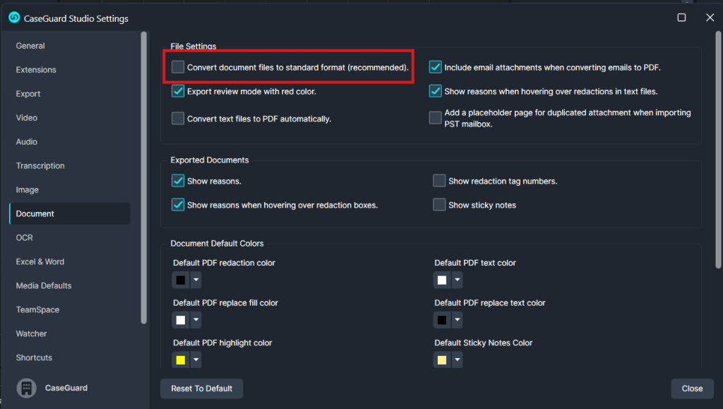 CaseGuard Studio Settings: Document options panel with a highlighted, unchecked box labeled 'Convert document files to standard format (recommended)'.