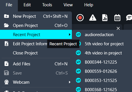 Screenshot of a software File menu opened to Recent Project, showing a list of recent projects such as audioreaction and several videos with IDs.