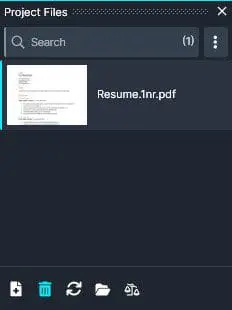 Project Files panel showing a thumbnail of a PDF named 'Resume1pr.pdf' selected.