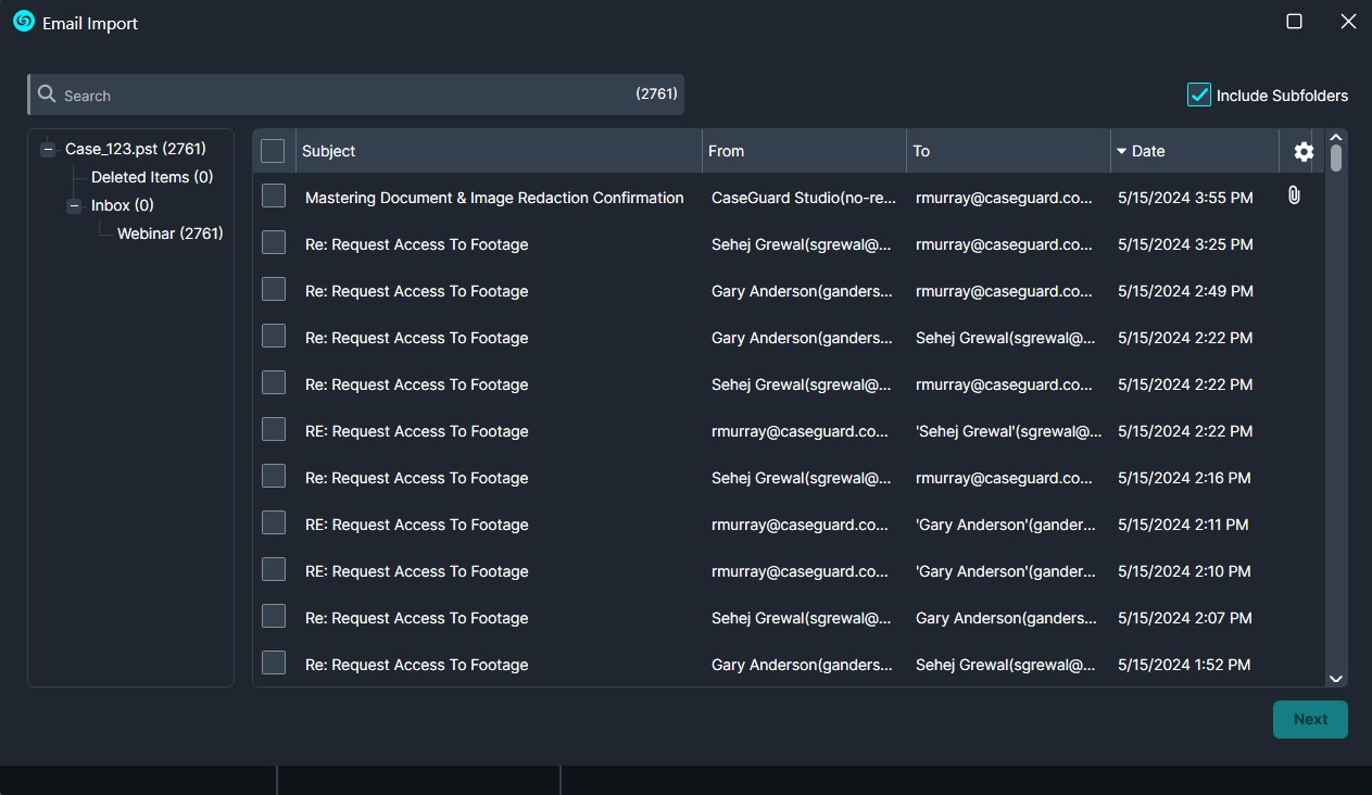 Email import window showing a mailbox with folders on the left and a list of messages with Subject, From, To, and Date columns.