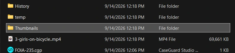 Screenshot of a Windows Explorer directory with folders History, temp, Thumbnails (selected) and files including 3-girls-on-bicycle.mp4 and FOIA-235.cgp.