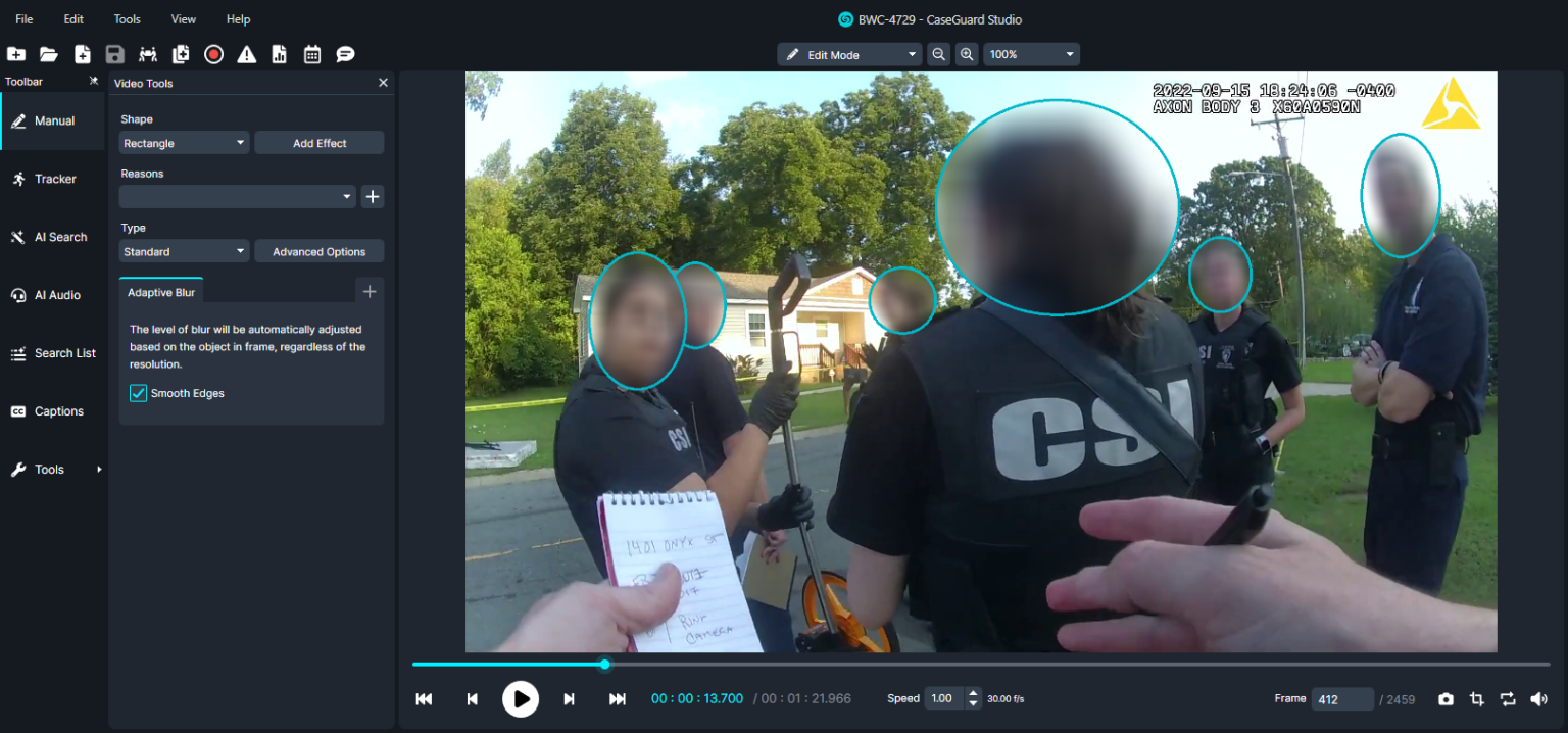 Group of officers in tactical vests outside a house, faces blurred, with a person taking notes at the scene. Highlighted blue circles mark faces for privacy/safety.