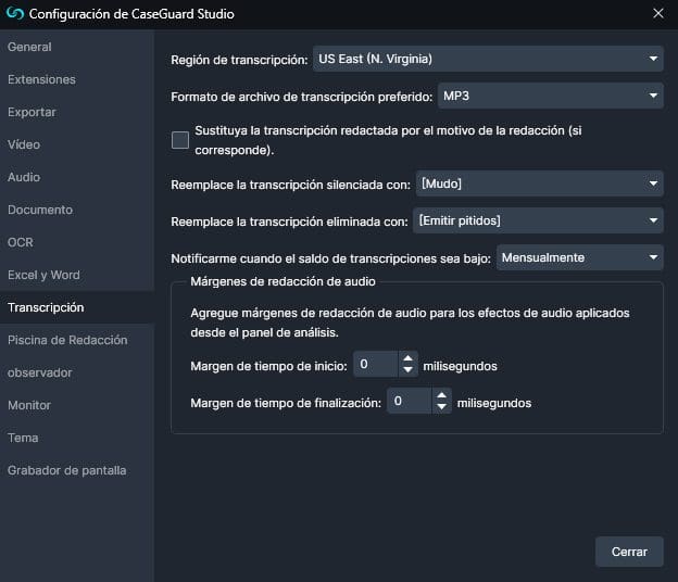 transcription configuration span | CaseGuard Transcription window in Settings in Spanish