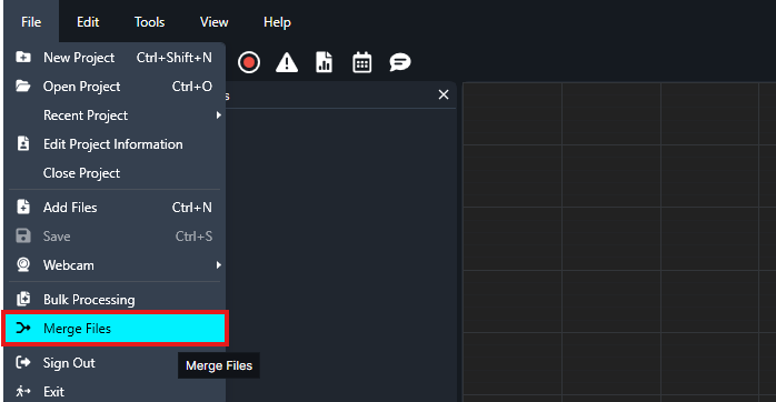 Screenshot of a dark application menu with the File tab open; 'Merge Files' is highlighted, with options like New Project, Open Project, Add Files, Save visible.
