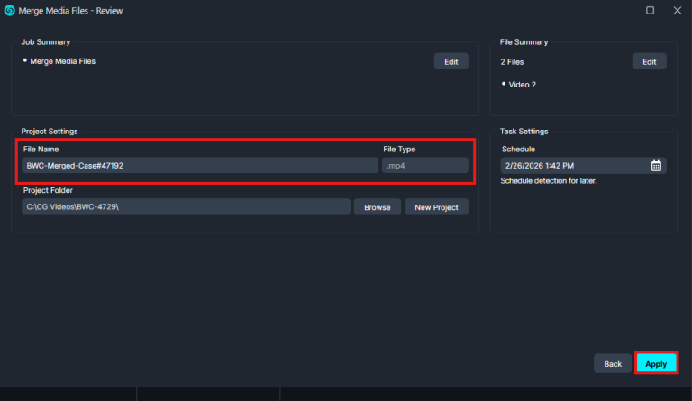 Screenshot of a dark UI titled 'Merge Media Files – Review'. It shows a File Name 'BWC-Merged-Case#47192' with File Type '.mp4' in a red-outlined box, plus the project folder path and an 'Apply' button at the bottom right.