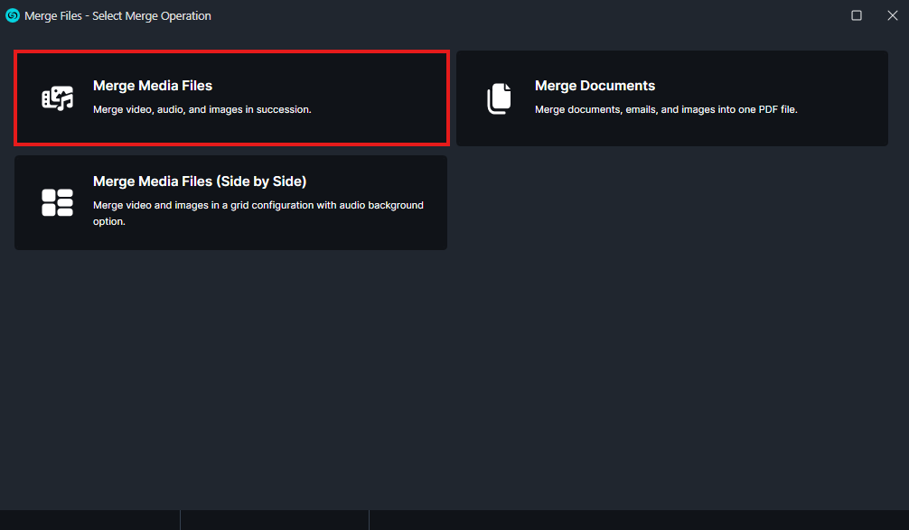 Dialog titled 'Merge Files - Select Merge Operation' with three options; 'Merge Media Files' is highlighted (red) on the left, and 'Merge Documents' on the right.
