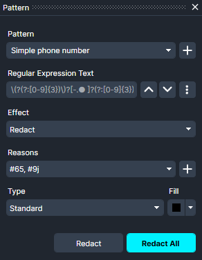 pattern-detection-1 | CaseGuard UI panel of a redaction tool showing a selected Pattern named 'Simple phone number', with the Regular Expression field populated, Effect set to Redact, Reasons including #65 and #9, and Type set to Standard Fill.