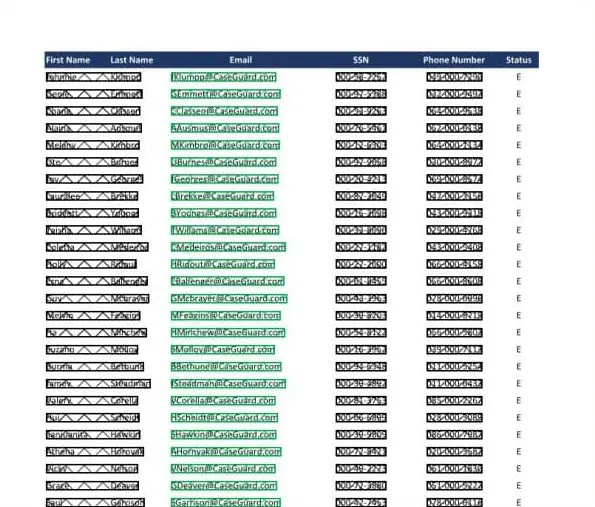 redacted-document-pattern-detection-1-e1772135544198 | CaseGuard Table screenshot showing First Name, Last Name, Email, SSN, Phone Number, Status; all sensitive fields masked/redacted.