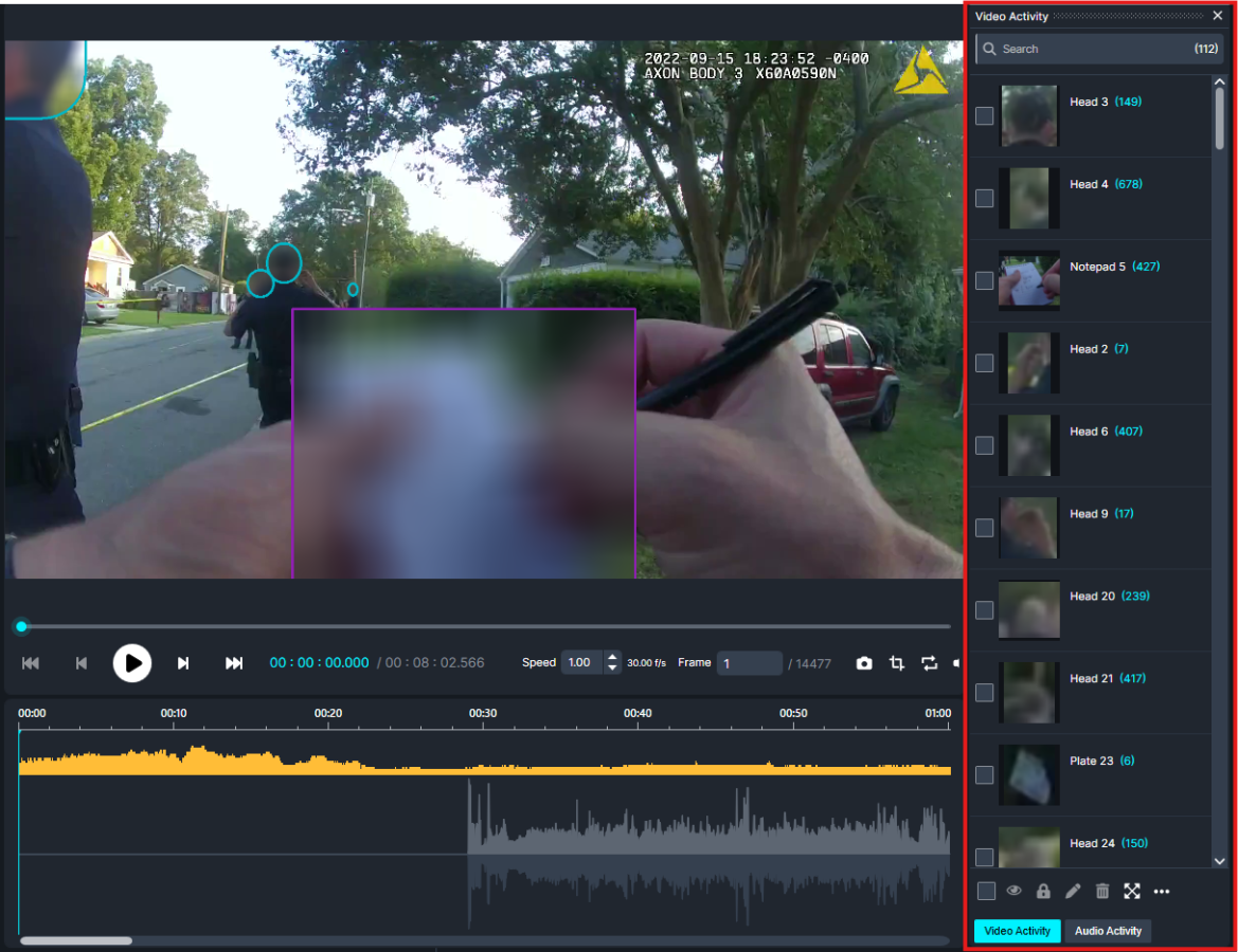 Video editing interface showing a street scene with a blurred foreground and a purple selection box around a person, plus a right 'Video Activity' panel.