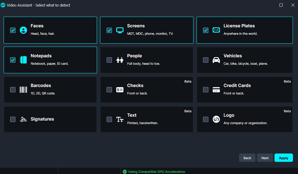 Video Assistant: grid of selectable detection categories with checkboxes (Faces, Screens, License Plates, Notepads, Vehicles, Barcodes, Checks, Credit Cards, Signatures, Text, Logo). Use Apply/Back buttons at bottom.