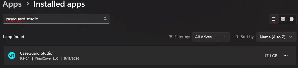 Dark theme Installed apps window with a search for 'caseguard studio' and one entry: CaseGuard Studio, v9.9.0.1, FinalCover LLC, 17.1 GB.