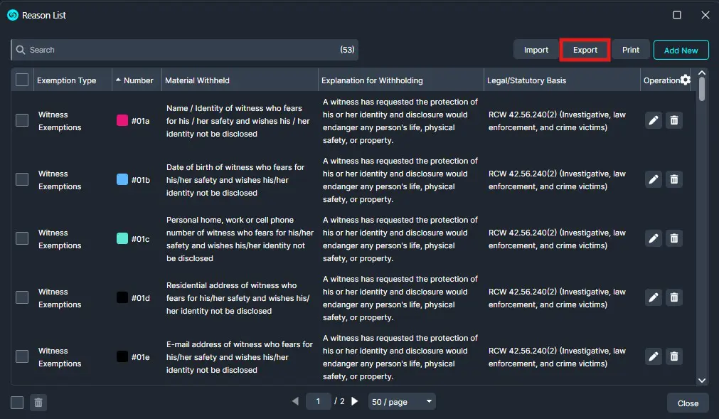 reason-export | CaseGuard Reason List window with a table of witness exemptions and an Export button highlighted at the top. Guarded dark UI theme visible.