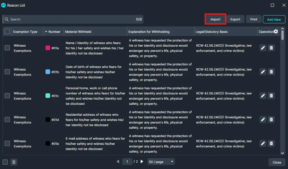 reason-import | CaseGuard UI of a data table titled Reason List: search bar, Import/Export/Print/Add New actions, and a list of witness exemptions with multiple columns (Type, Number, Material Withheld, Explanation, Legal Basis).