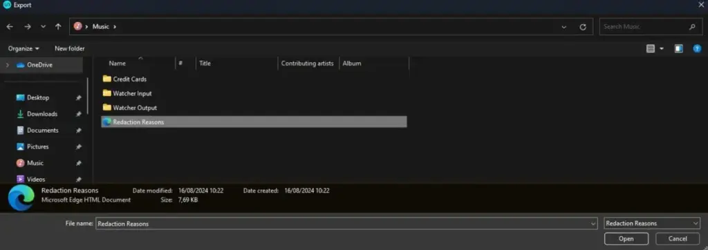 redaction-reasons-import-scaled | CaseGuard Windows Save As dialog in dark theme, saving a Microsoft Edge HTML document named 'Redaction Reasons' in the Music folder; left pane shows OneDrive and folders like Desktop, Documents, Music, Pictures.