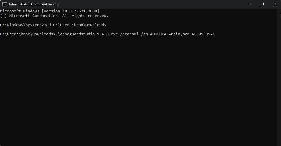 Command Prompt showing cd to Downloads and running caseguardstudio-9.4.0.exe with /exenoui /qn ADDLOCAL=main,ocr ALLUSERS=1
