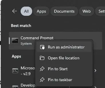 Windows search results showing Command Prompt with a right-click context menu: Run as administrator, Open file location, Pin to Start, Pin to taskbar.