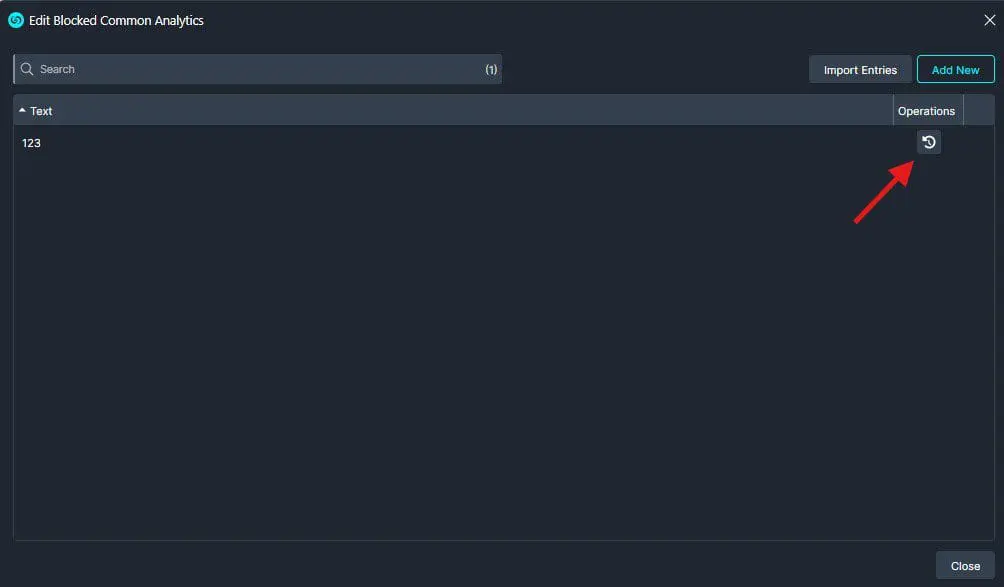 Modal window titled 'Edit Blocked Common Analytics' showing a single text row '123' and a circular arrow (refresh) button in the Operations column.