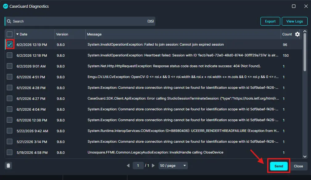 Diagnostics | CaseGuard CaseGuard Diagnostics window with a log list; a row is selected and the Send button is highlighted to send logs.