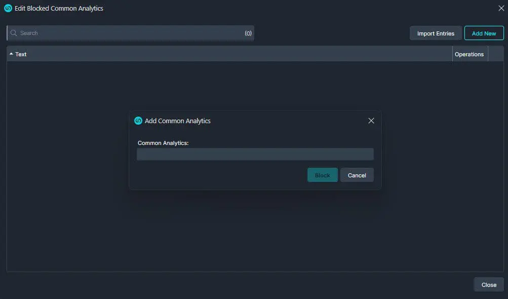 Dialog box titled 'Add Common Analytics' in a dark editor; contains a text field labeled 'Common Analytics' and 'Block' and 'Cancel' buttons, over a dark software interface.