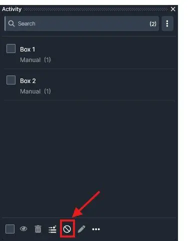 Panel showing two checkable items: Box 1 and Box 2 labeled Manual (1). A bottom toolbar with a highlighted icon that appears as a circle with a diagonal line, likely representing a Block/Disable action.